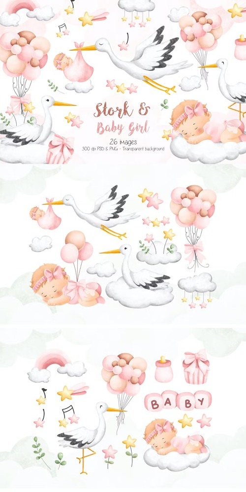 Stork and Baby Girl Clipart