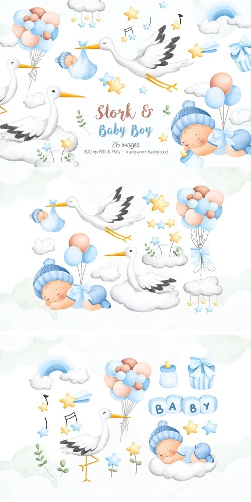 Stork and Baby Boy Clipart