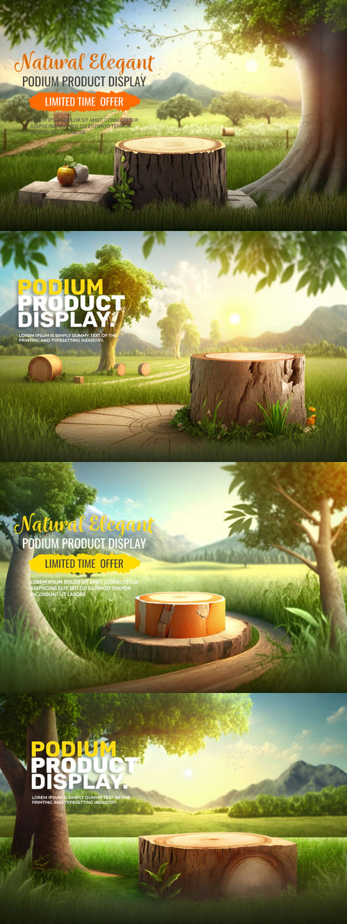 Natural psd podium with wood and grass, stage display mockup for show