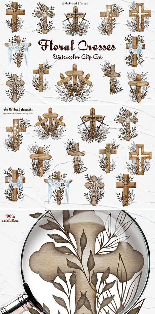 Floral Crosses Watercolor Clipart PNG