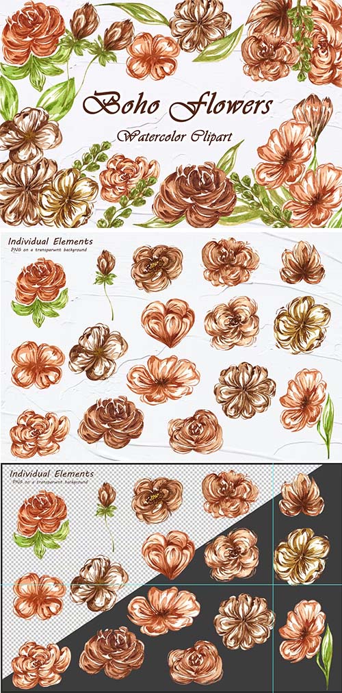 Boho Flowers Watercolor Clipart PNG