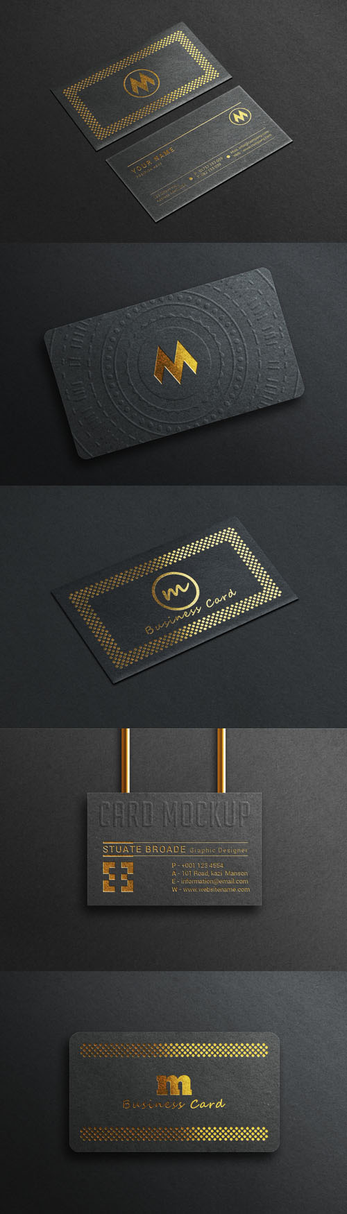Luxury black psd business card mockup with realistic gold style