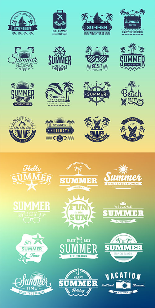 Vector summer travel logos, tropical vacation badges, symbols palm tree drinks beach Vector summer travel logos, tropical vacation badges, symbols palm tree drinks beach