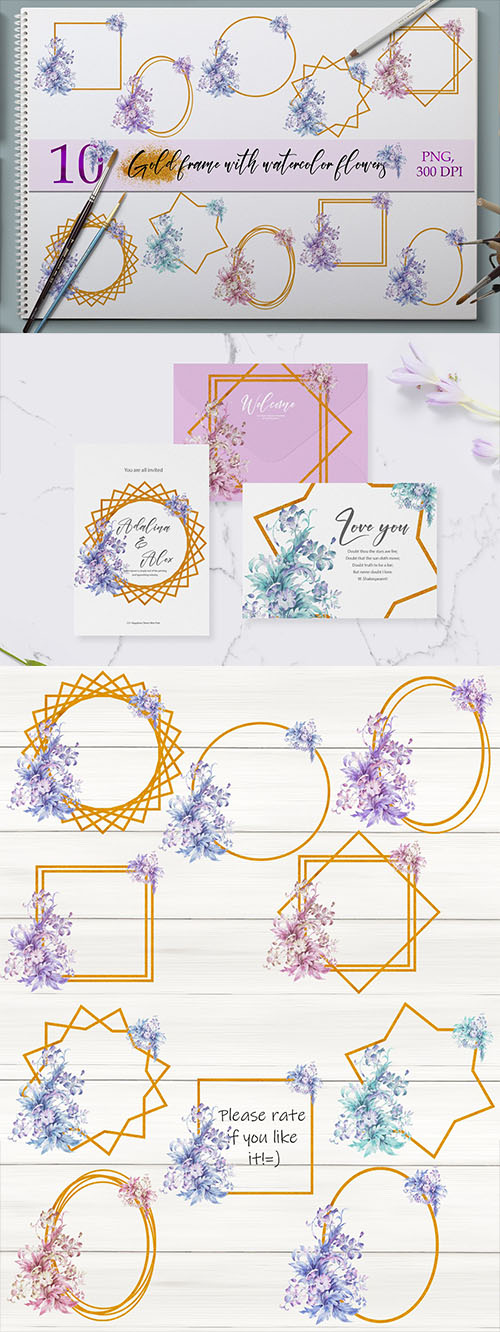 Set of gold Frames with watercolor flowers Set of gold Frames with watercolor flowers