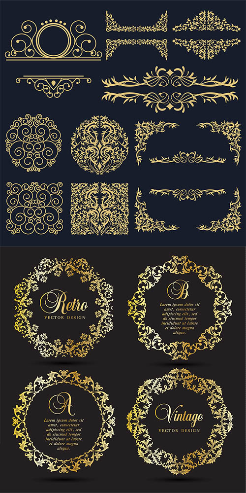 Golden frames, ornaments, swirls, borders in vector Golden frames, ornaments, swirls, borders in vector