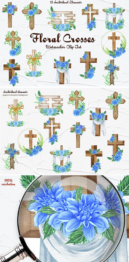Floral Crosses Watercolor Clipart vol 2 PNG