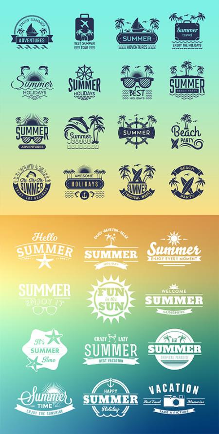 Vector summer travel logos, tropical vacation badges, symbols palm tree drinks beach