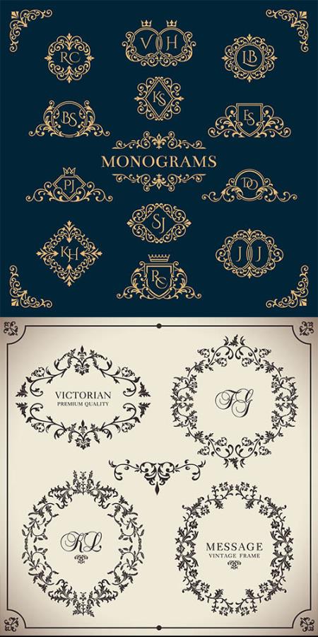 Golden frames, monograms, ornaments, swirls, borders in vector