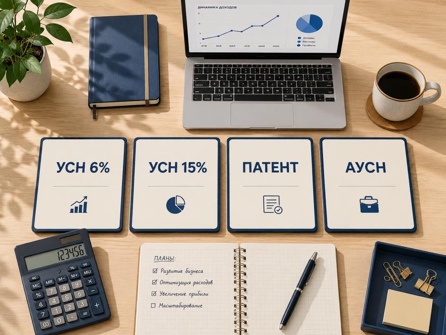 Сравнение налоговых режимов ИП: карточки УСН 6%, УСН 15%, патент и АУСН на рабочем столе