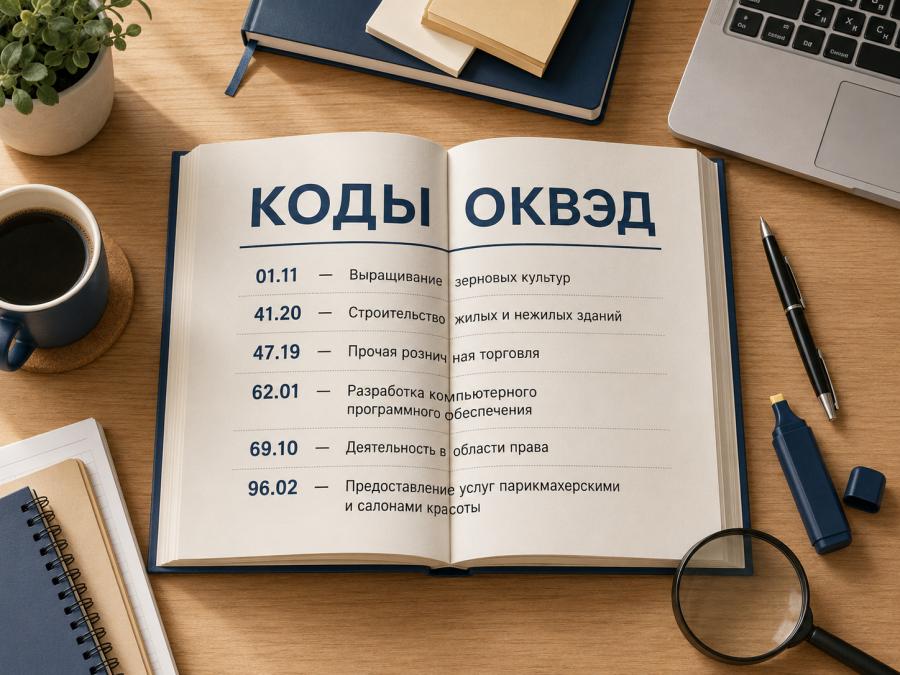 Справочник кодов ОКВЭД с лупой на рабочем столе при выборе видов деятельности для регистрации бизнеса